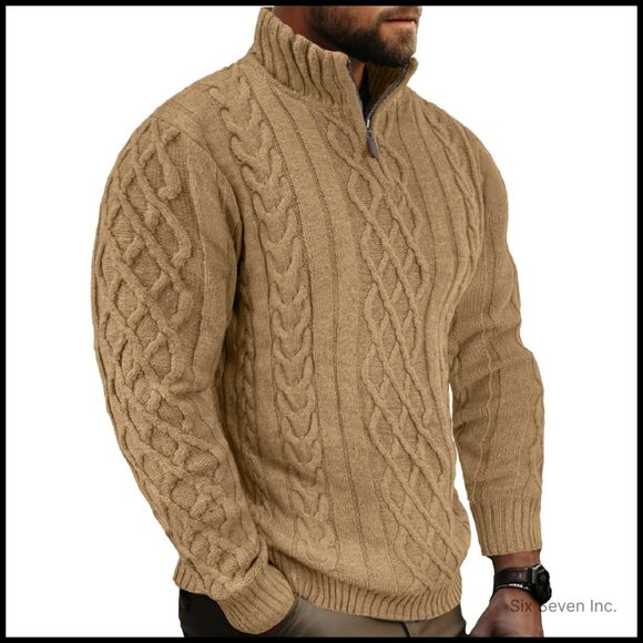 Quarter Zip Cable Knit Sweater Mock Neck Pullover Soft Casual Mens